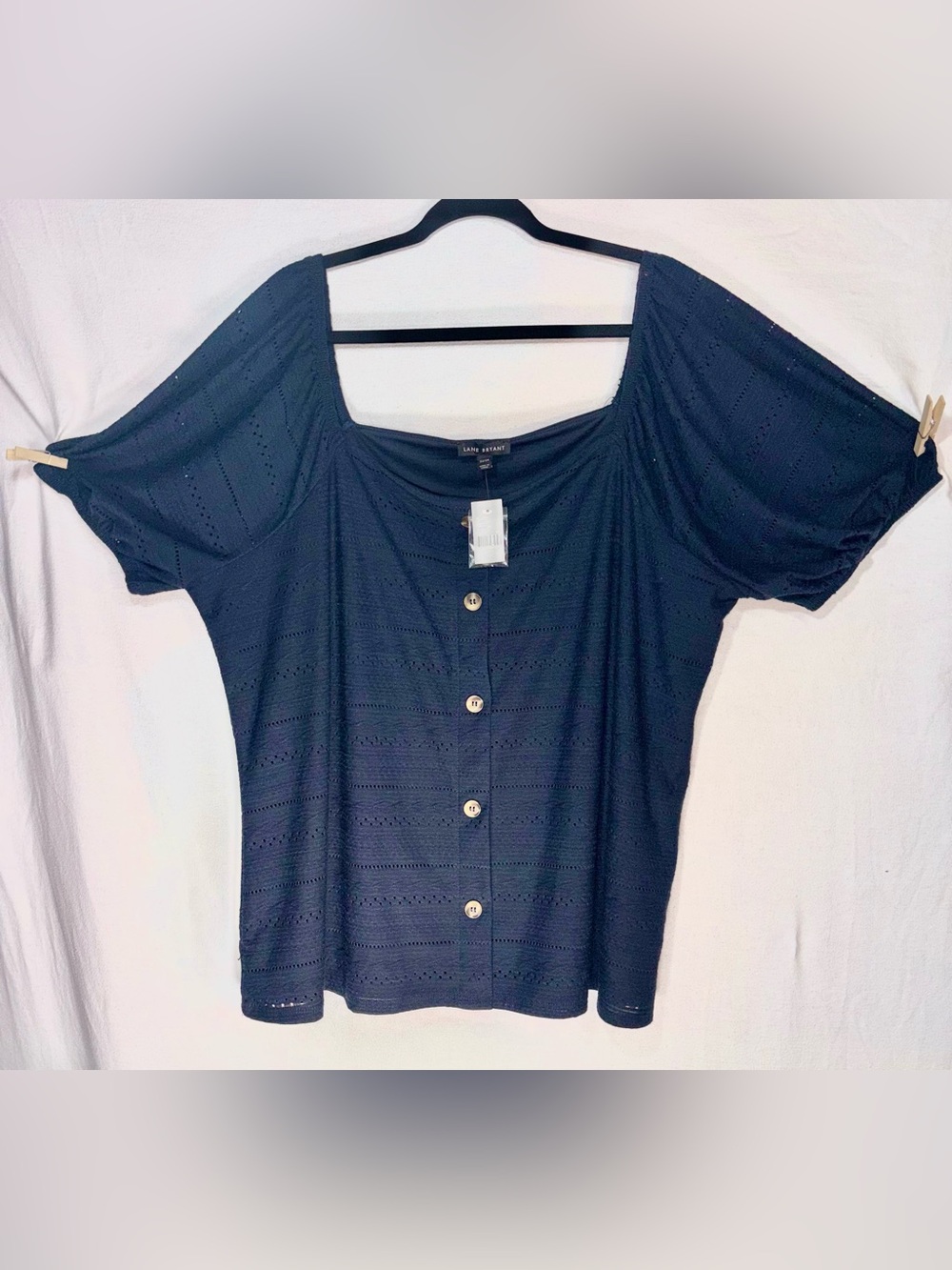 NWT Lane Bryant Navy Eyelet Button-Front Square Neck Blouse 22/24